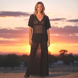 Gently used Women Crochet Maxi Dress Black Boho Knit Short Sleeve V-Neck Coverup